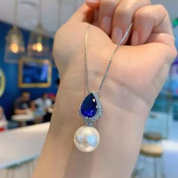 New S925 Silver Needle Jewelry Sapphire Pear-Shaped Necklace Earrings Two-piece Set ins Celebrity Wear