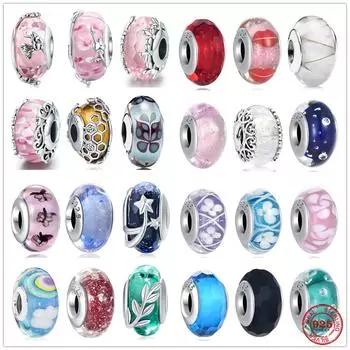 Новый S925 стерлингового серебра покрытый розовый красный зеленый синий муранское стекло бусина шарм подходит оригинальный браслет DIY ювелирные изделия для девочки