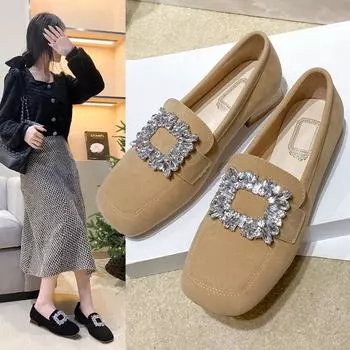 New Satin Cloth Flats Shoes Woman Basic Sequined Rhinestones Crystal Diamond Buckle Flats Fashion Bridal Shoe Work Women Shoes 35 коричневый