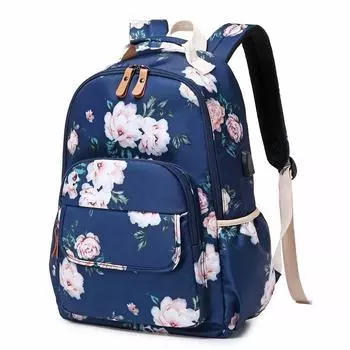 New School Laptop Backpack Women Girls Bookbag Flower College Backpack with USB Port Water Resistant Large Capacity Travel Bags синий