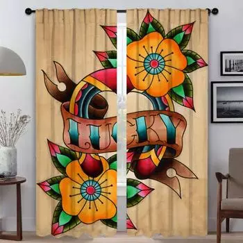 New School Tattoo Blackout Curtains for Camera Elegant Room Curtains 2 Pieces Shades Tulle for Bedroom Window Curtain Blinds W50xH70cmx2pcs-CL