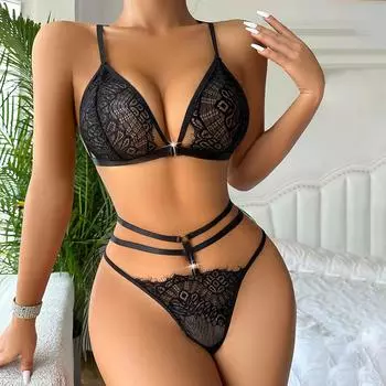 New sexy black lace metal chain strap three-point seduction lingerie suit for women S