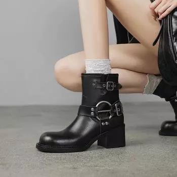 Новые сексуальные женские ботильоны в стиле ретро, толстые каблуки, пряжки, мотоциклетные ботинки, высокие осенне-зимние панк-обувь для танцев, женские ботинки 34 чёрный