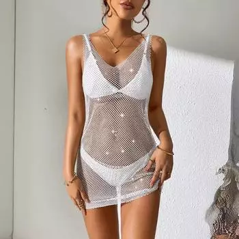 Новое сексуальное платье без рукавов из эластичной сетки с вырезами, вспышками и стразами, имитирующее рыболовную сеть, с круглым вырезом, юбкой для вечеринки, сексуальная одежда XS