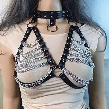 New Sexy Women Goth lingerie Leather Neck Body Cage Bra