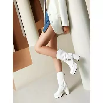 New shoes 2025 high heel thick heel short boots women s new platform small British fashion 34 белый