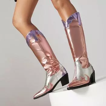 New shoes 2025 new high boots splicing color matching knight boots pointed 35 золотой