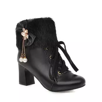 New shoes, booties, front lace-up decorations, small size women s boots, flowers, large size outer, block heel women s boot hair 34 белый