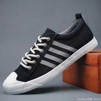 New Shoes for Men Canvas Casual Shoes Spring Summer Striped Flat Skateboard Shoes Youth Lace-up Sneakers 38 чёрный