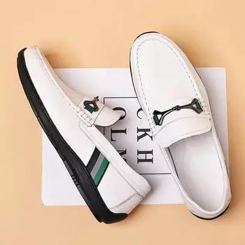 New Shoes for Men Genuine Leather Casual Shoes High End Striped Flat Shoes Soft Cow Leather Slip-on Loafers 38 чёрный