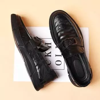 New Shoes for Men Genuine Leather Casual Shoes Spring Business Flat Skateboard Shoes Street Sheepskin Leisure Slip-on Loafers 38 чёрный