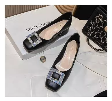 New Shoes for Women Spring Girl Square Crystal Pumps Fashion High Heels Shoes OL Leather Casual Dress Shoes 35-43 35 чёрный