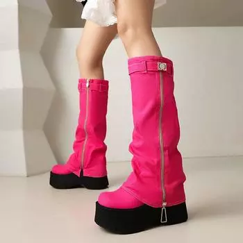 New shoes muffin platform women s high boots denim fabric wedge heel high heel rhinestone decoration but 34 синий