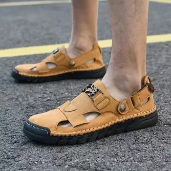 New shoes, sandals, baotou holes, casual beach shoes, non-slip men s 2025 hollow leather shoes, summer breathable men s soft soles 38 чёрный