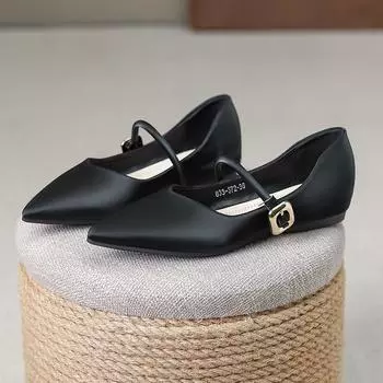 New shoes women s single shoes flat bottom pointed one-word buckle light mouth soft leather soft sole low heel Doudou shoes women D833-372 35 чёрный