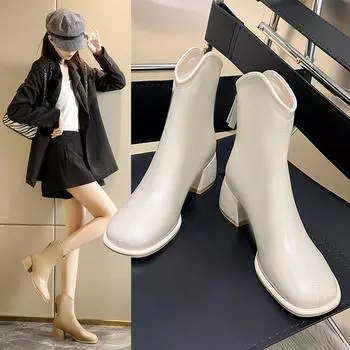 New short Martin boots women s Korean version of rear zipper leather surface medium high heel large size short boots size 43 fashion Martin boots 34 бежевый