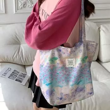 Новая сумка через плечо с цветочным принтом из хлопка, розовая, с цветочным принтом, большая вместительная сумка-тоут из холста