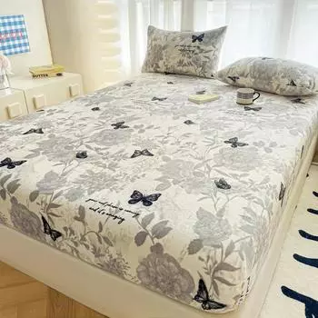 New Skin Friendly Comfortable Milk Velvet Printed Single-layer Bed Hat Cartoon Thickened Warm Mattress Cover with Elastic Sheets Only 2 pillowcases