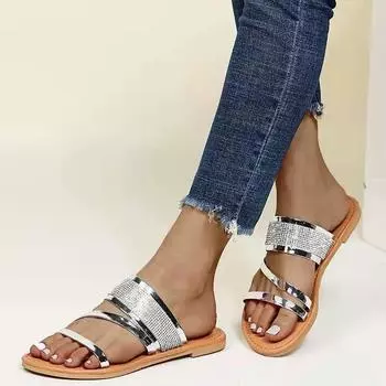 Новые шлепанцы, женские летние шлепанцы, уличная пляжная обувь с песком, модные брендовые женские шлепанцы без шнуровки, женские кожаные сандалии со стразами 35 серебряный