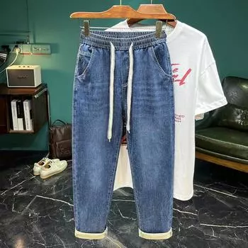 New Slim Jeans Men s Stretch Tapered Pants Loose Harlen Nine-point Trousers 28 синий