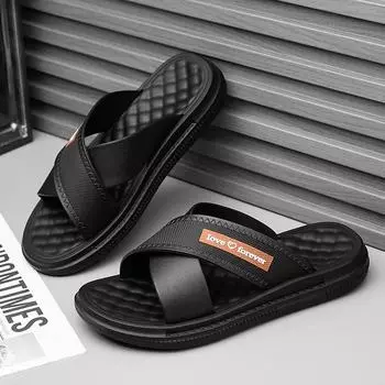 New slippers men s summer wear cross-band thick-soled non-slip one-word drag casual fashion soft-soled beach sandals men 40/41 чёрный