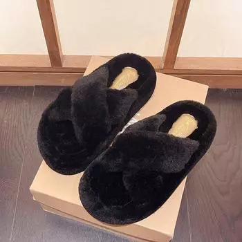 New Slippers Women Winter Faux Fur Shoes for Women Indoor Platform Slippers Warm and Comfortable Home Shoes 35 чёрный