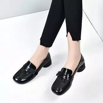 new small leather shoes first layer cowhide patent leather flat bottom low heel single shoes square buckle shallow mouth women s shoes 35