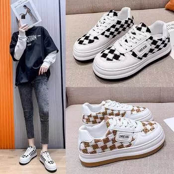 New Small White Shoes Women s Thick Sole Shoes All-match Big Toe Shoes Black Plaid Casual Sports Sneaker 40 чёрный