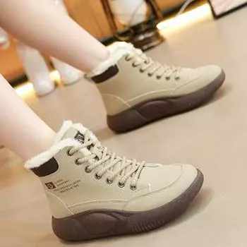 New Sneakers Women Ankle Boot Platform Loafers Flat Slip-On Casual Add Wool Cotton Shoes Mujer Zapatos Chaussure Vulcanize Shoes 35 бежевый