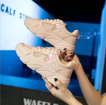 New Sneakers Women Mesh Lace-Up Solid Flat Platform Shallow Stretch Fabric Knited Spring Wedges Shoes For Women Basket Femme452 4 бежевый