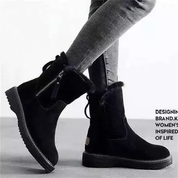 New snow boots soft leather women s winter velvet thickened soles fashion medium boots one-pedal cotton shoes non-slip women s shoes 35 чёрный