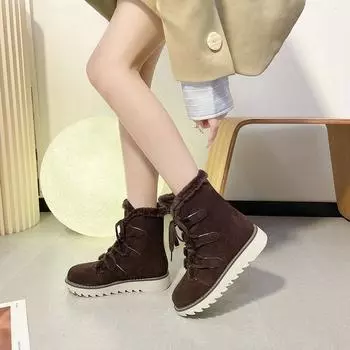 New snow boots women s outer wear 2024 European and American fashion large size lace-up flat bottom velvet thickened snow boots 36 чёрный