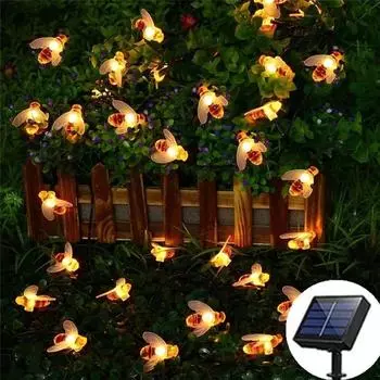 New Solar Powered Cute Honey Bee Led String Fairy Light 20leds 50leds Bee Outdoor Garden Fence Patio Christmas Garland Lights 5M 20LEDs теплый белый