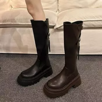 New Solid Color Outdoors Women s Knee Length Boots Winter 2024 Hot Sale Fashion Round Head Side Zipper Shoes for Women 35 чёрный