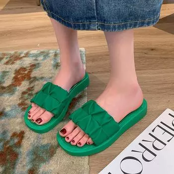 New Solid Color Thick-soled Comfortable Slippers Women 2024 Fashion Pleated Women Slippers Casual Beach Shoes Women Trend 35 бежевый