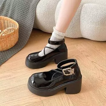 New Solid Color Versatile Square Heel Women s Shoes Rhinestone Buckle Round Toe Thick Heel Outer Wear Women s Shoes 35