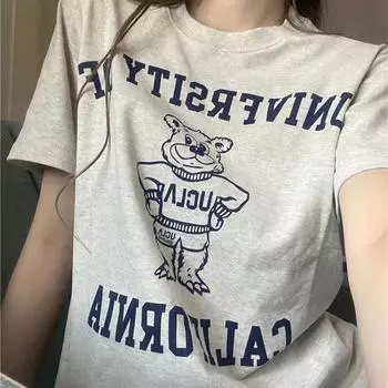 Новая Южная Корея Повседневная Dongdaemun женская летняя милая футболка с коротким рукавом женская модная свободная одежда с круглым вырезом и медведем размера плюс 2XL серый