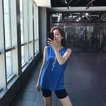 New Sports Vest Women s Loose Outer Wear I-Shaped Yoga Jacket Sleeveless T-shirt Running Workout Blouse Summer Blue L