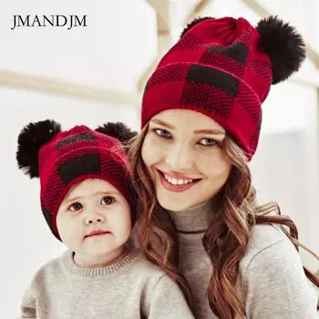 New spot autumn and winter hairball parent-child knitted hat, plaid mother baby Christmas warm hat average size