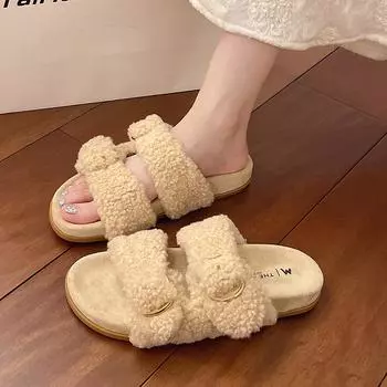 New spring and autumn flat-bottomed versatile casual fluffy slippers women s fashion one-word slippers women s trendy shoes 35