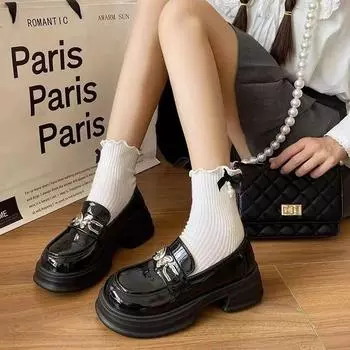 New Spring and Autumn High Quality Women s Shoes Fashionable Round Toe Medium Heel Bow Metal Decoration Women s Loafers 35