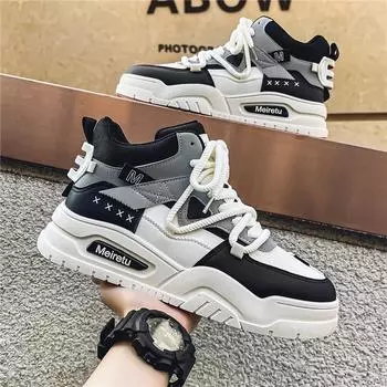 New Spring and Autumn Men s Shoes Youth Fashion Casual Skateboard Shoes High Top Comfortable Wear-Resistant Sports Shoes 39 бежевый
