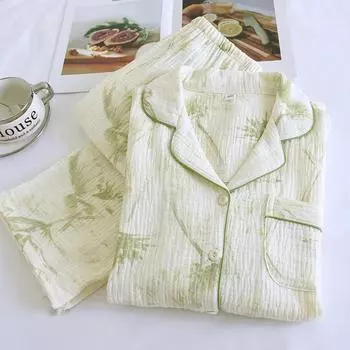 Новый весенне-осенний женский пижамный комплект из 100% хлопкового крепа, свободные длинные рукава, длинные брюки, домашняя одежда из двух предметов для женщин M бежевый