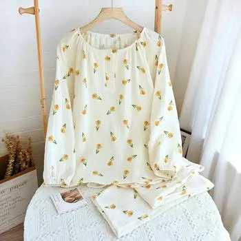 New Spring and Autumn Women s Pajama Set 100%Cotton Crepe Pullover Long Sleeve Pants Two Piece Loose Floral Home Furnishing M