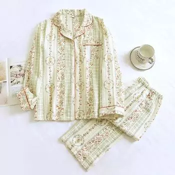 Новая весенне-осенняя женская пижама с длинным рукавом и длинными брюками, комплект из двух предметов, 100% хлопок, кардиган, комплект домашней одежды M зелёный