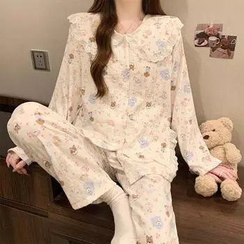 New Spring and Fall Models Winter Cartoon Lace Doll Collar Clouds Cotton Long-Sleeved Pajamas Homewear Set of Student Homewear M