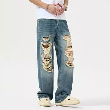 New Spring and Summer Jeans Classic Blue Ripped Super Soft Thin Loose Straight Wide-leg Pants S