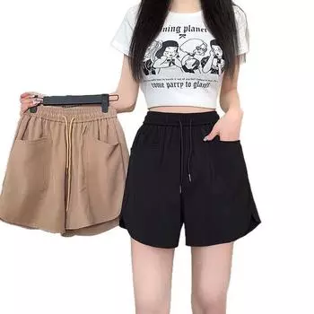 New Spring and Summer Lace-up High Waist Double Pocket Loose Large Size Casual Pants for Women Versatile Wide-leg Shorts S