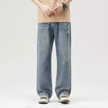 New Spring and Summer Loose Wide-leg Pants Straight High Street Retro Ripped Jeans Men 28