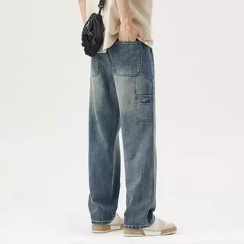 New Spring and Summer Loose Wide-leg Pants Straight High Street Retro Trendy Jeans Men 28